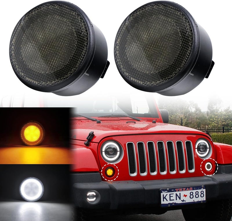 Aexploer LED Turn Signal Lights Compatible with Wrangler JK JKU 2007-2018, White Halo as Daytime Running Lights,Yellow Honycomb LED as Turn Signal 2PCS (Smoked Lens) - Image 1